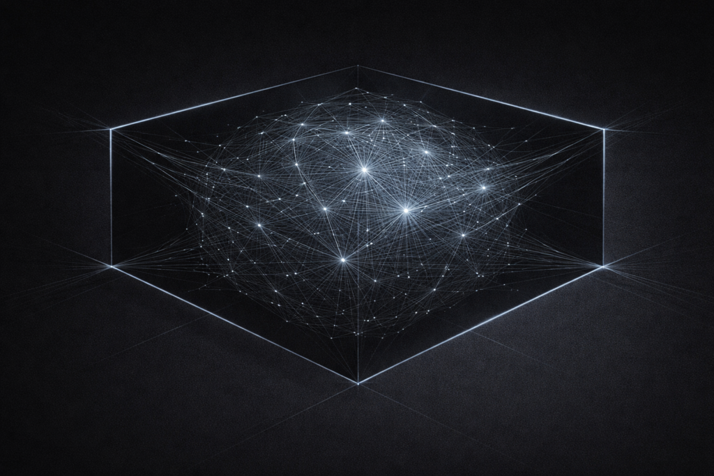 Dense interconnected network contained within a geometric boundary frame suggesting a complex expanding system under structural governance constraint