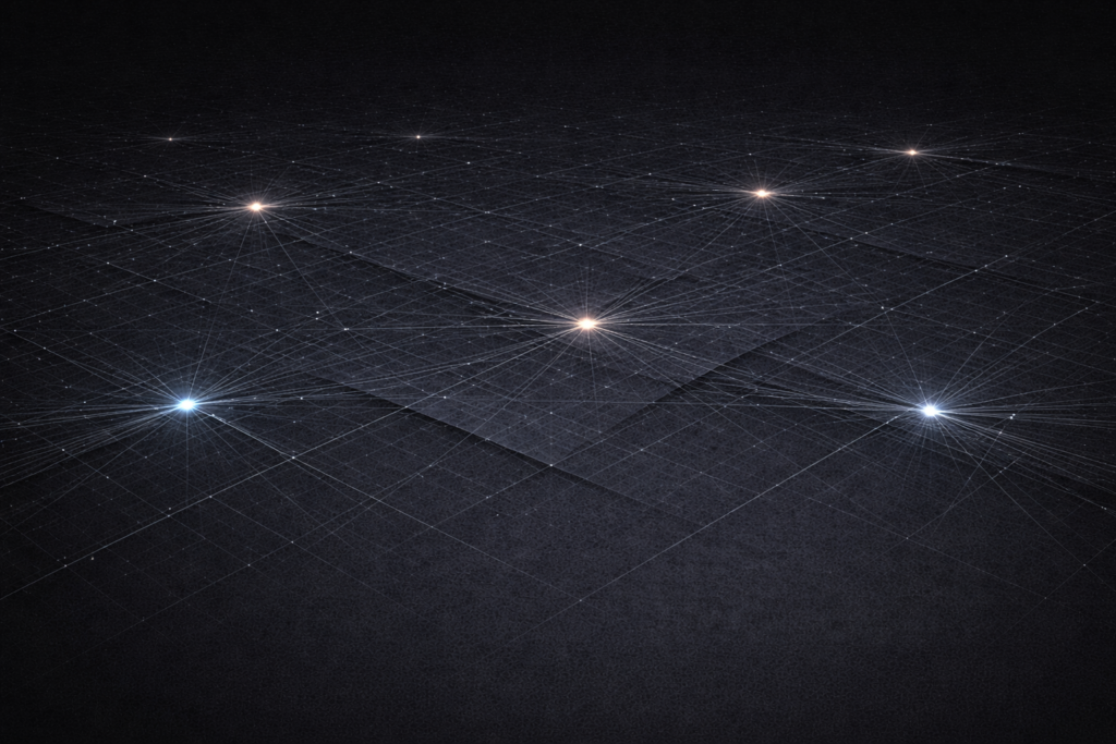 Five glowing nodes distributed across a dark network grid suggesting multiple simultaneous significant developments across interconnected global systems