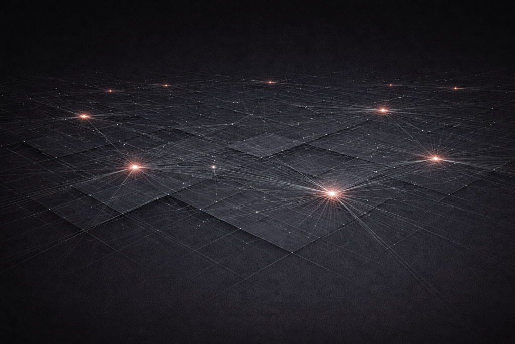 Wide distributed network grid with multiple glowing stress points across its surface suggesting systemic risk monitored simultaneously across interconnected financial and governmental systems