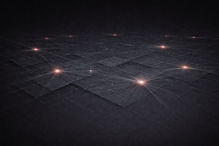 Wide distributed network grid with multiple glowing stress points across its surface suggesting systemic risk monitored simultaneously across interconnected financial and governmental systems
