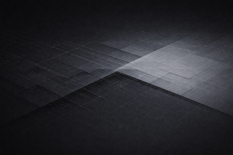 Two geometric grid planes transitioning through a structural threshold from darker to lighter tones suggesting systemic change observed across time