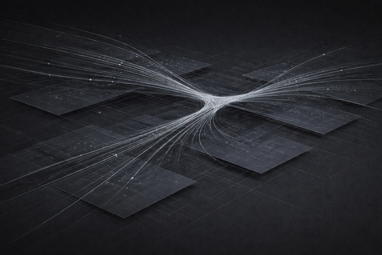 Multiple flow lines converging through a single constrained point across dark geometric planes suggesting systemic resource scarcity and structural pressure