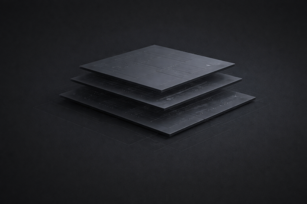 Three dark layered geometric platforms stacked in slight misalignment suggesting accumulated structural drift across interconnected system layers