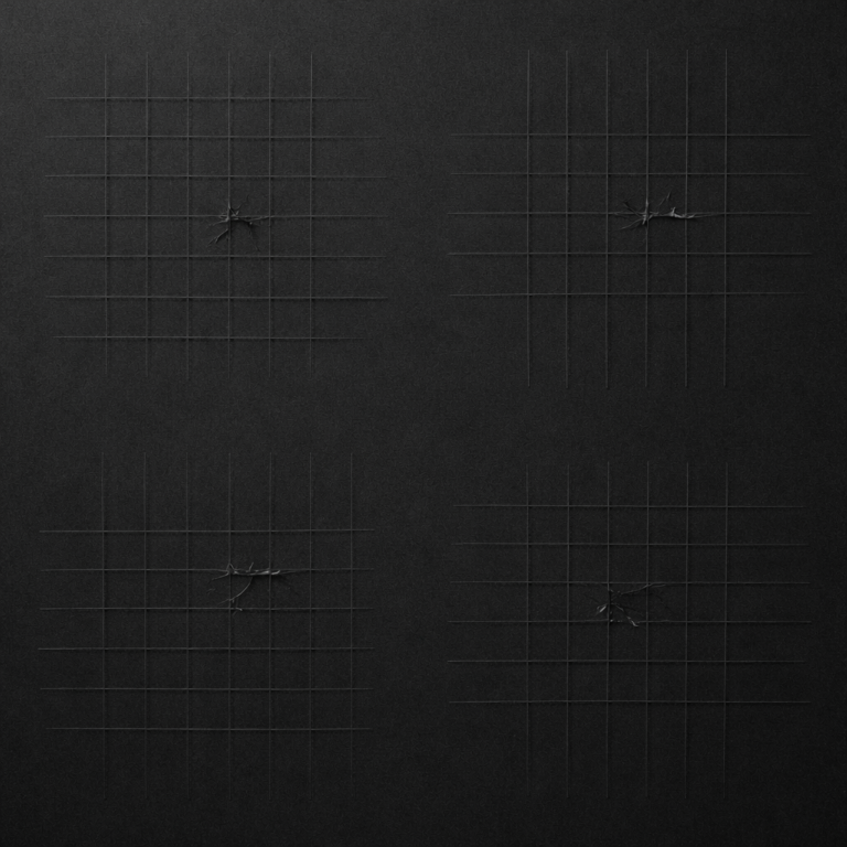 A dark minimal abstract image suggesting recurring patterns of structural failure. Multiple identical geometric forms — lines, grids, or nodes — each showing the same subtle point of breakdown or stress in a different position. Deep charcoal tones. No bright colours, no warning symbols, no icons. Sparse, considered composition. The mood is observational and quiet — patterns noticed, not dramatised. Editorial quality.
