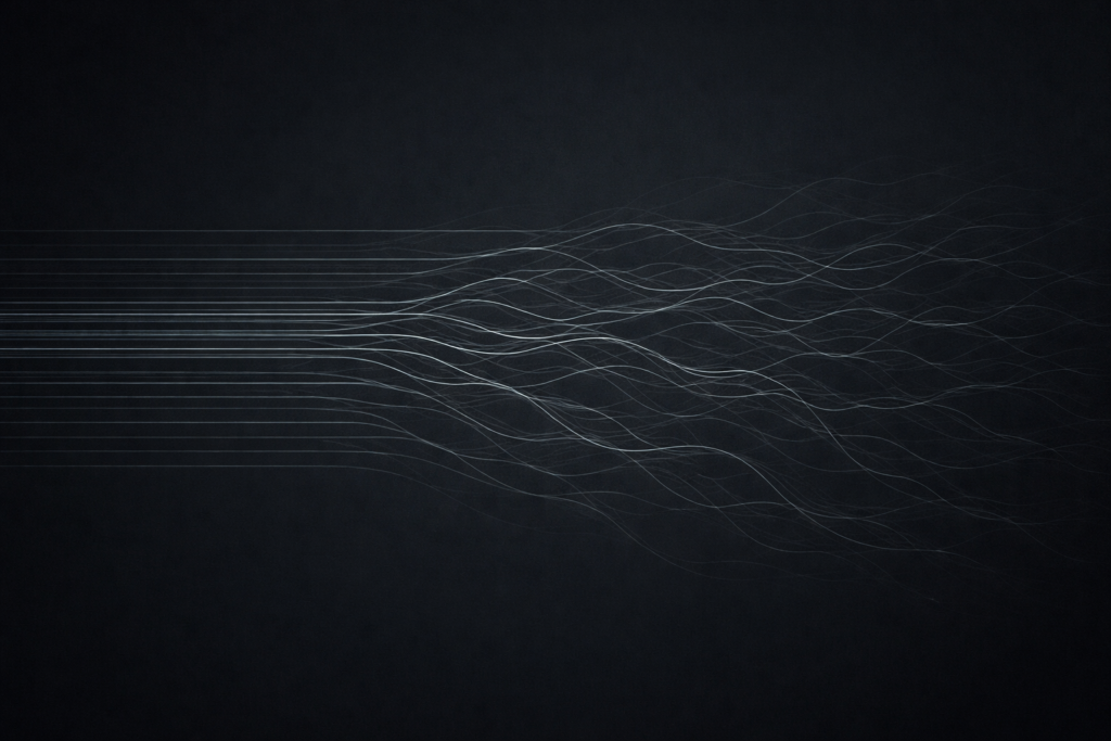 Parallel lines transitioning from ordered alignment to gradual incoherence suggesting slow systemic drift in an interconnected flow network