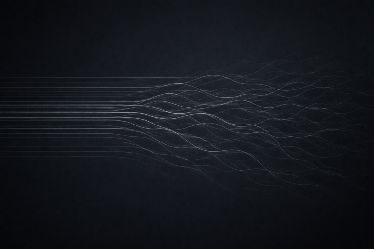 Parallel lines transitioning from ordered alignment to gradual incoherence suggesting slow systemic drift in an interconnected flow network
