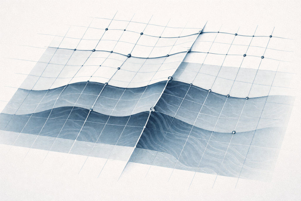 Isometric measurement grid overlaid on undulating terrain suggesting misalignment between metrics and underlying reality