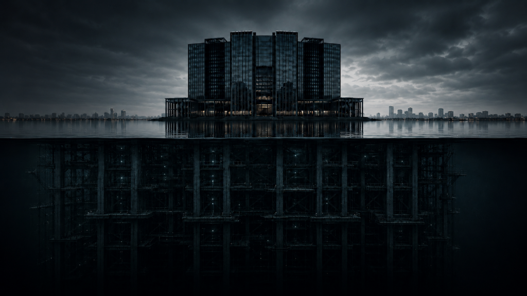 A stable financial building above calm water with a vast hidden structure below, representing opaque private credit risk.